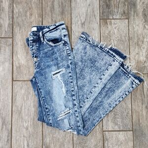 Stylish Blue Flare Wide Leg Jeans with Acid Wash